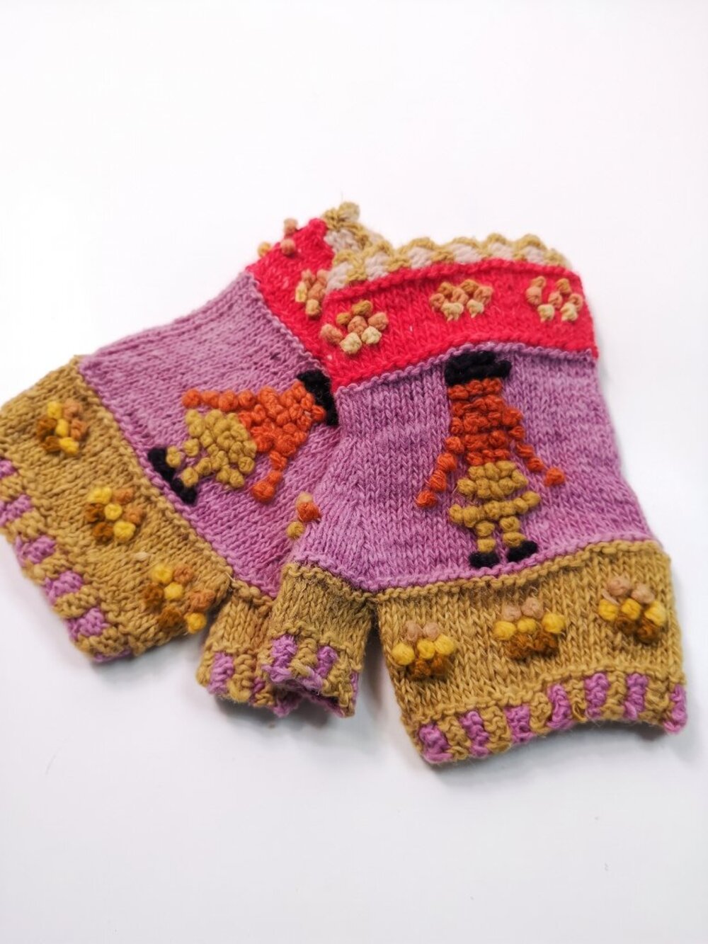 Handcrafted Wool Fingerless Gloves with Floral Embroidery – Warm Winter Style